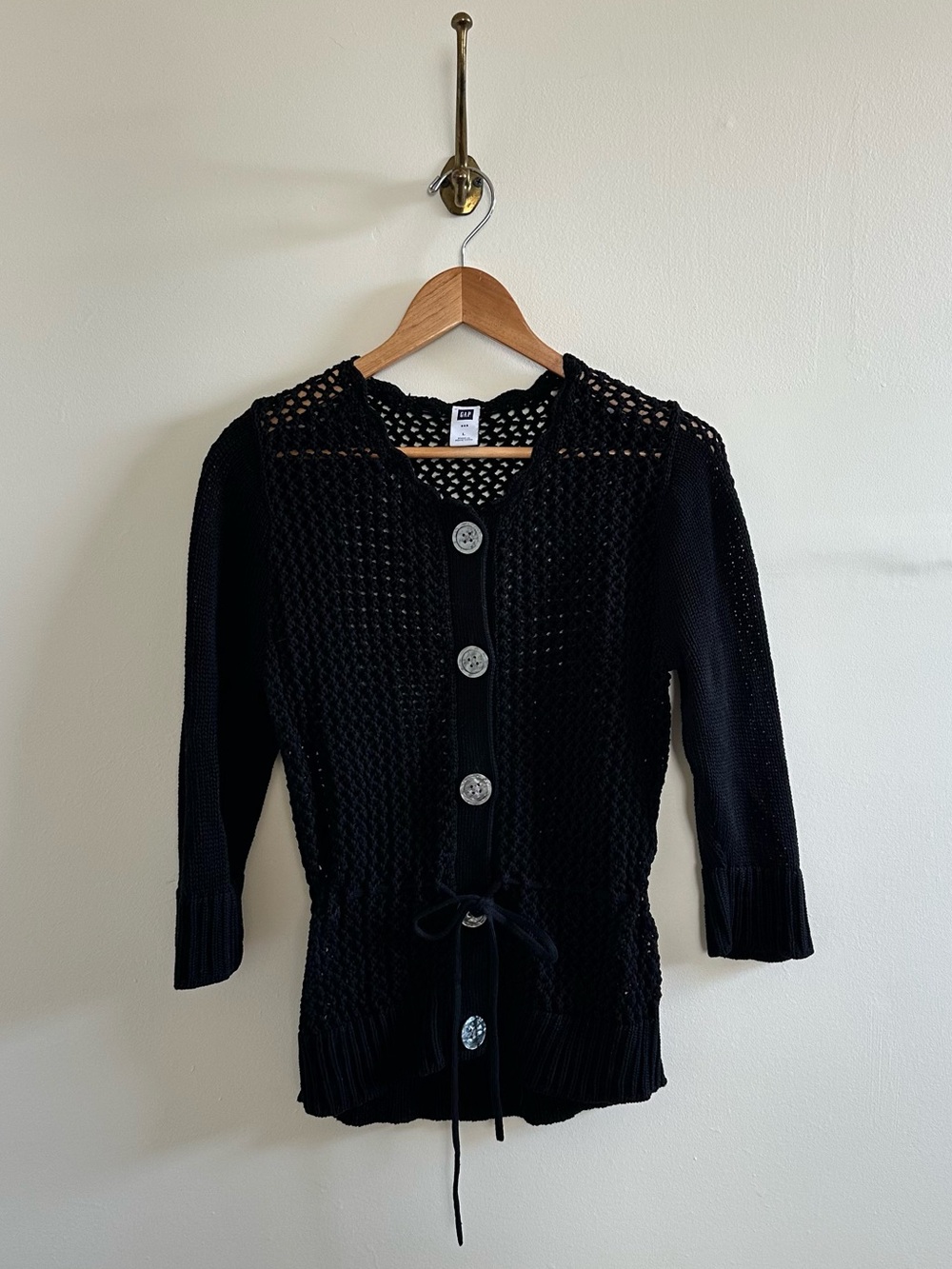 Crochet 100% cotton black cardigan with waist tie- L